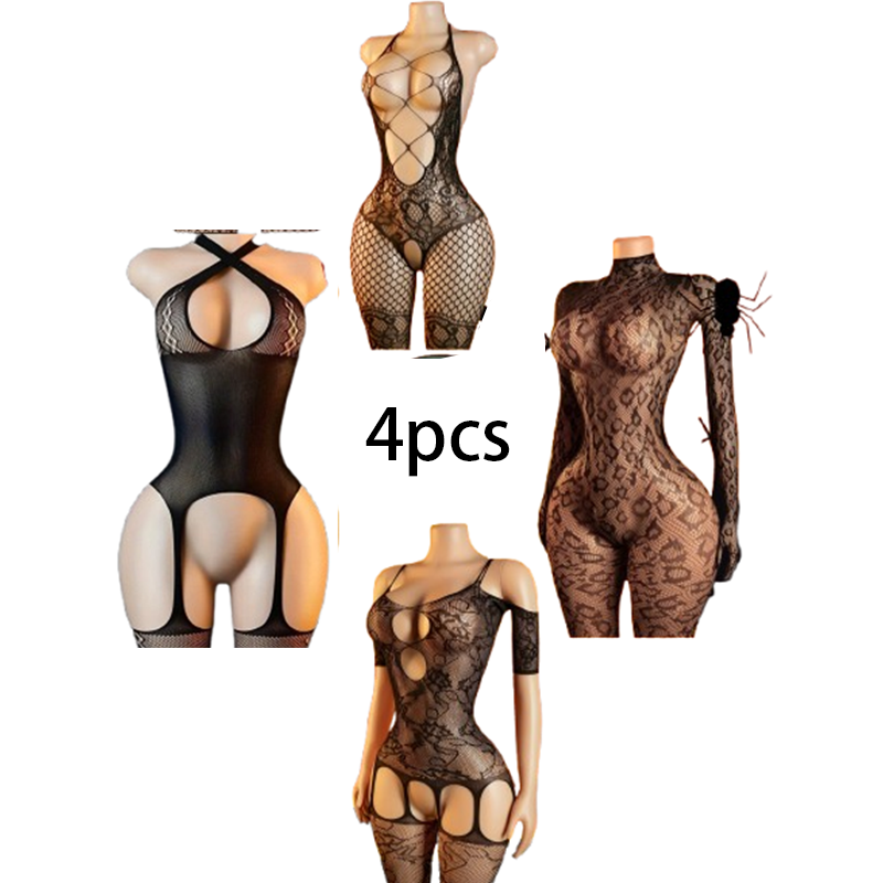 Bodystocking Fishnet - Conjunto de lencería sexy de 4