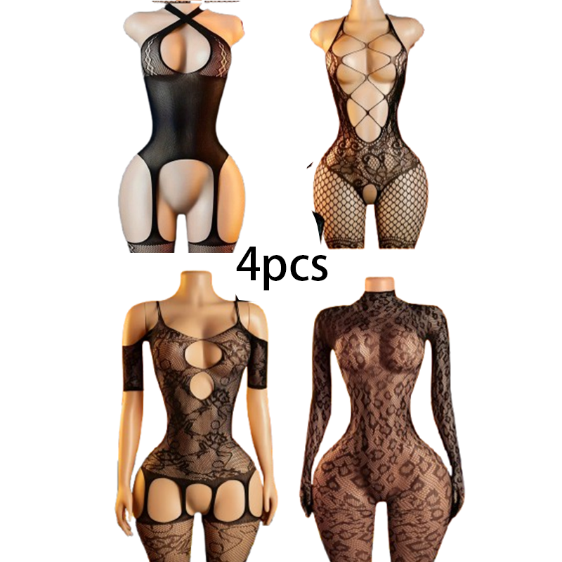 Conjunto de lencería sexy de 4 - Bodystocking Fishnet reseña y precio